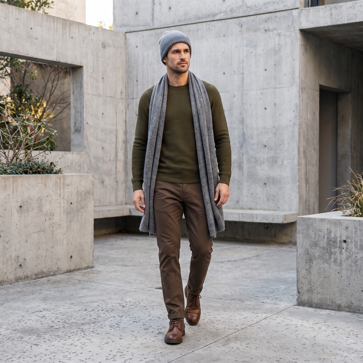 Men's wide baby alpaca scarf and beanie set, gray — By AGdesign