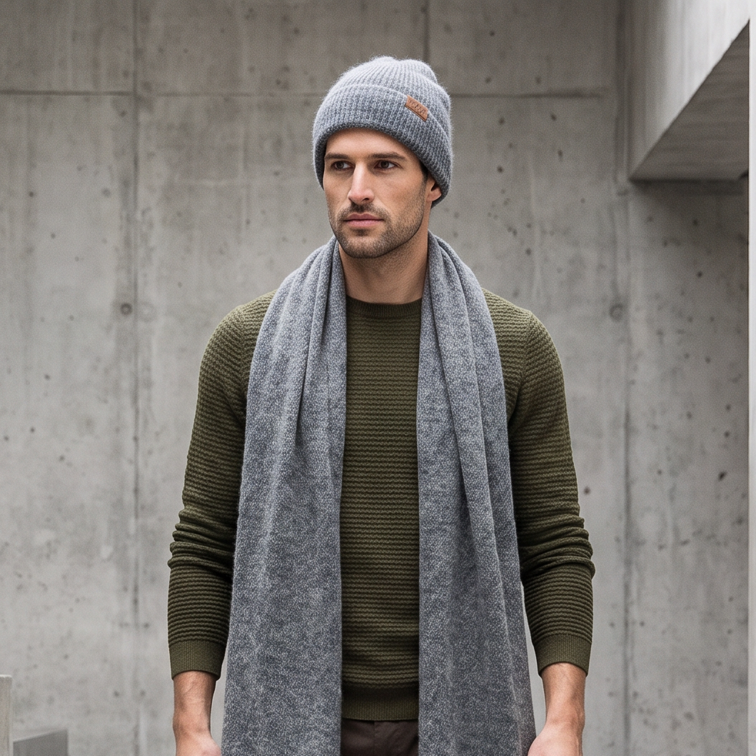 Men's wide baby alpaca scarf and beanie set, gray — By AGdesign