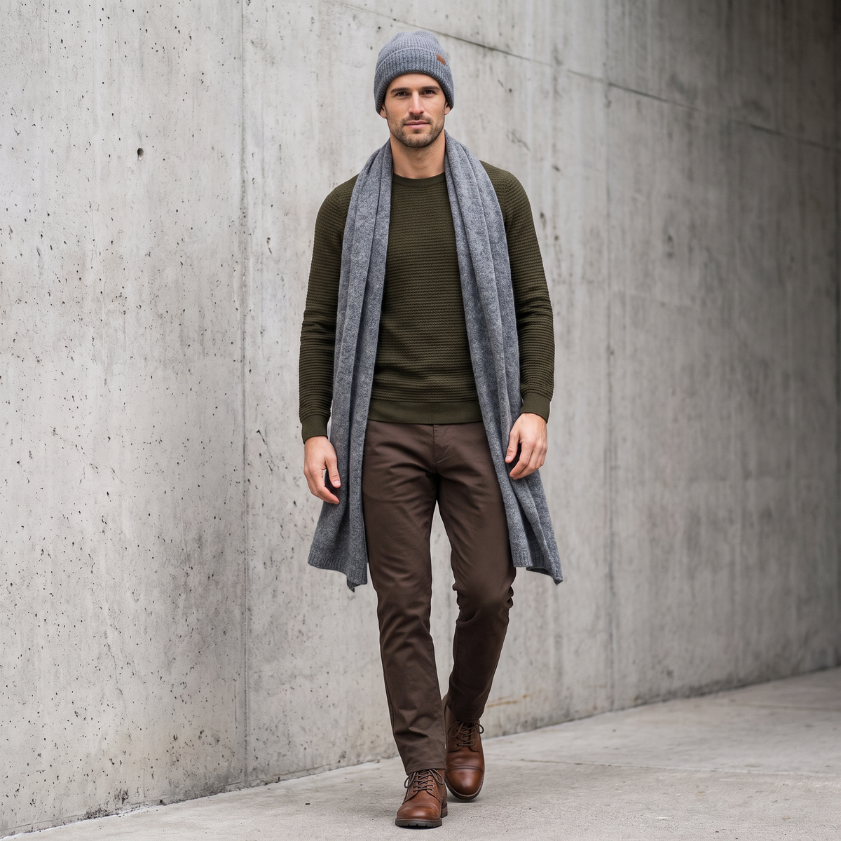 Men's wide baby alpaca scarf and beanie set, gray — By AGdesign
