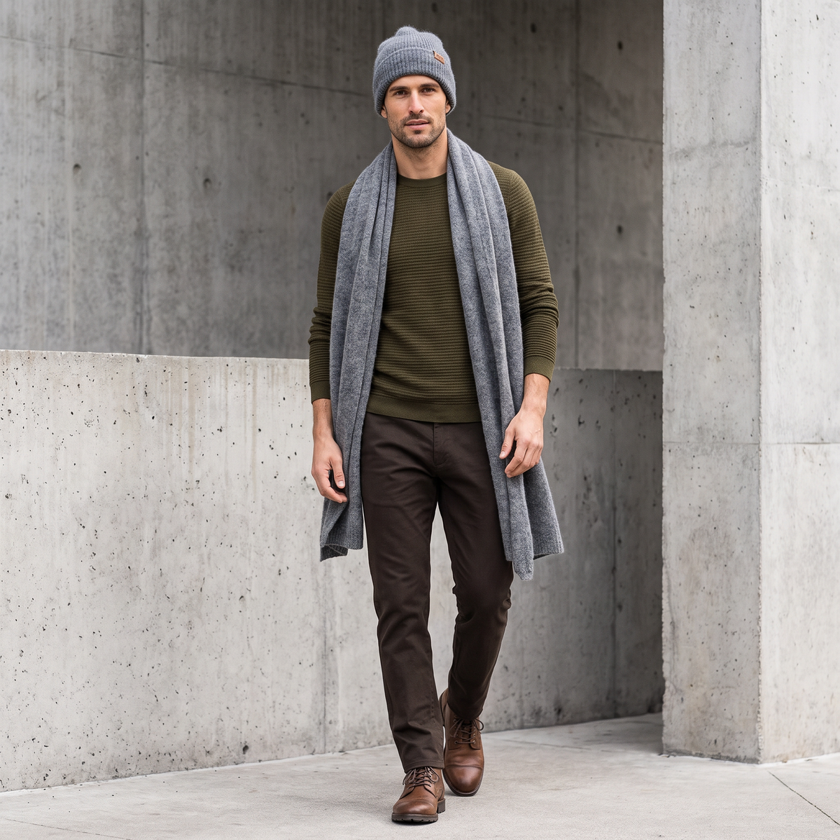 Men's wide baby alpaca scarf and beanie set, gray — By AGdesign