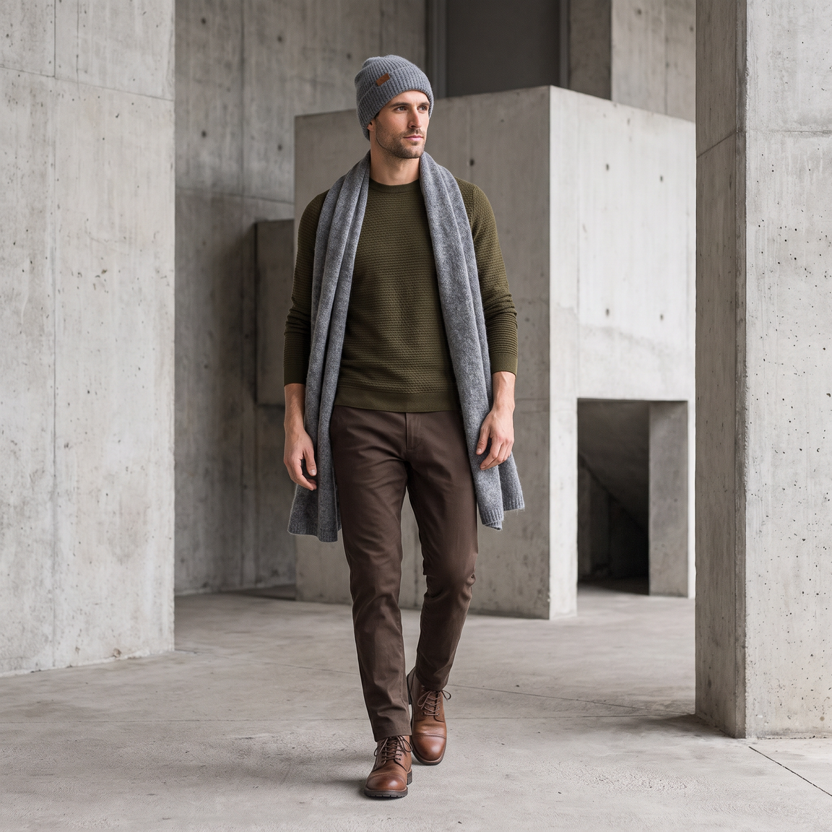 Men's wide baby alpaca scarf and beanie set, gray — By AGdesign