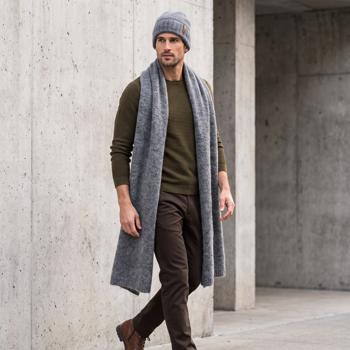 Men's wide baby alpaca scarf and beanie set, gray — By AGdesign