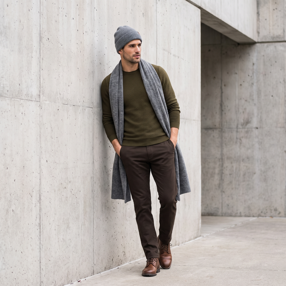 Men's wide baby alpaca scarf and beanie set, gray — By AGdesign