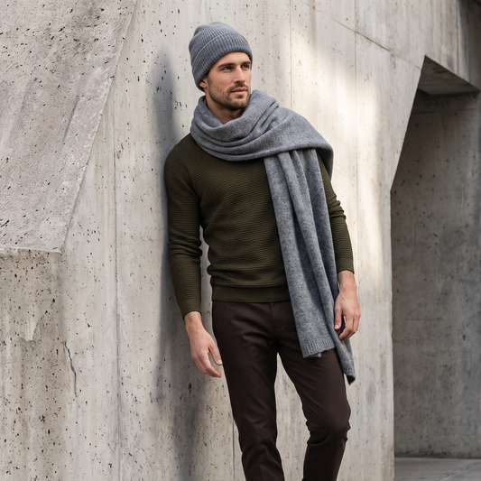 Men's wide baby alpaca scarf and beanie set, gray — By AGdesign