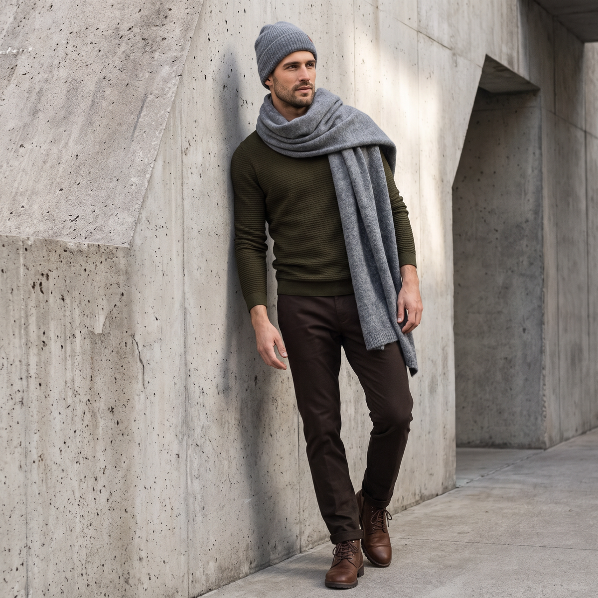 Men's wide baby alpaca scarf and beanie set, gray — By AGdesign
