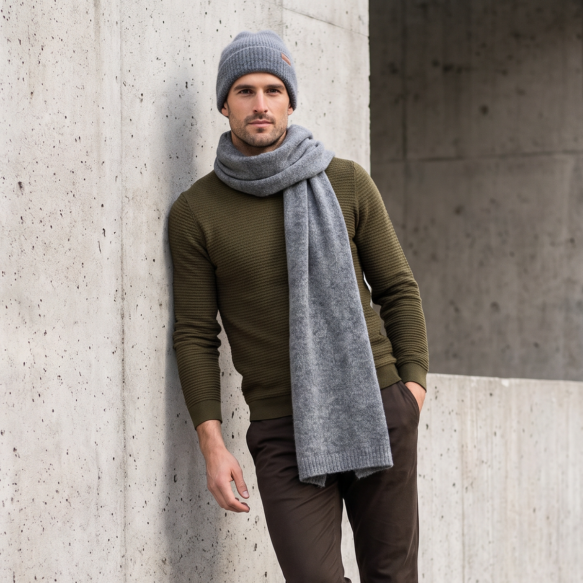 Men's wide baby alpaca scarf and beanie set, gray — By AGdesign