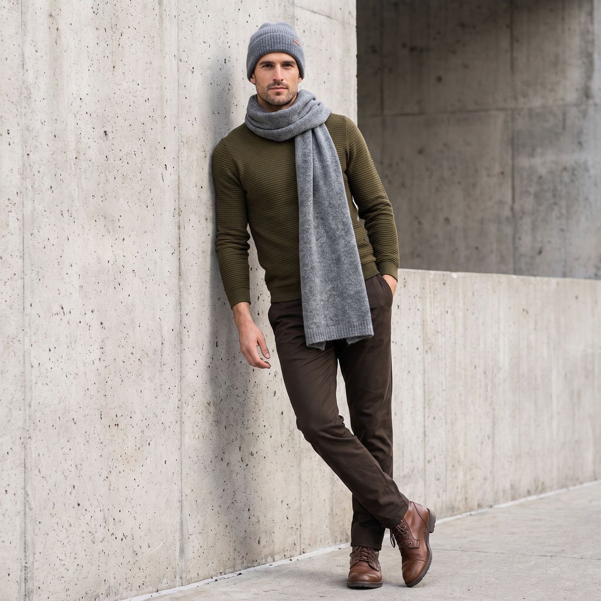 Men's wide baby alpaca scarf and beanie set, gray — By AGdesign