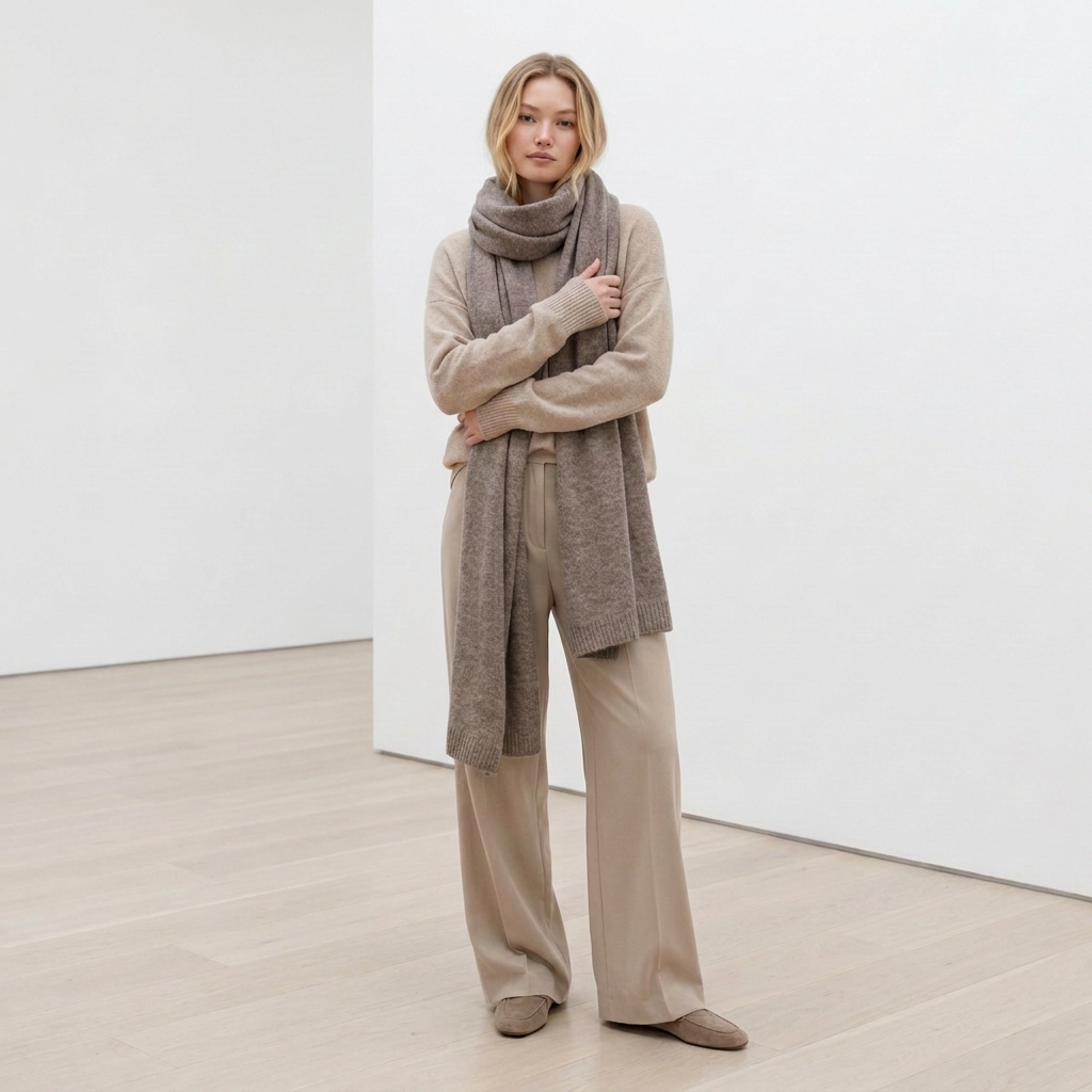 Set sciarpa e berretto in baby alpaca, larga, cacao — By AGdesign