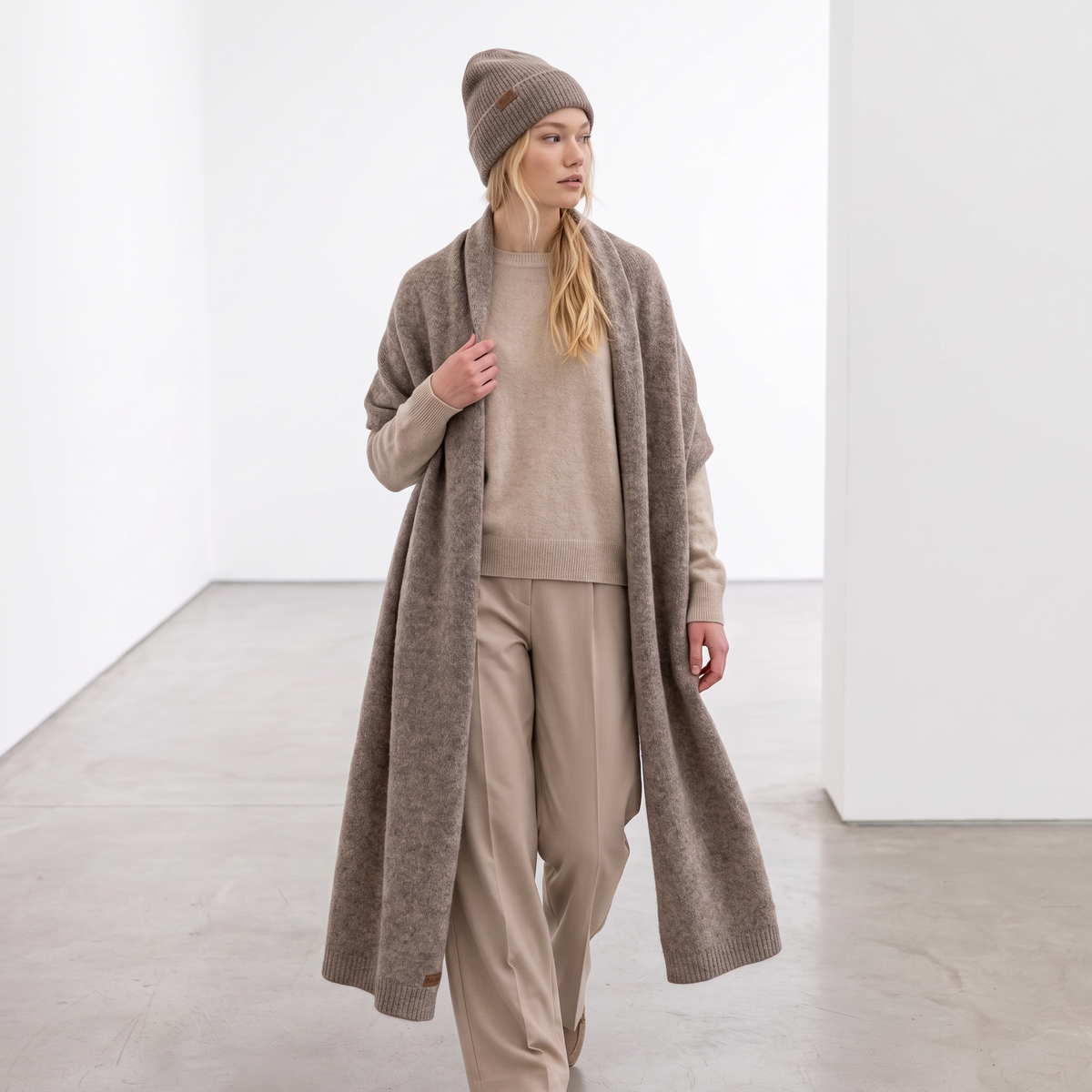 Set sciarpa e berretto in baby alpaca, larga, cacao — By AGdesign