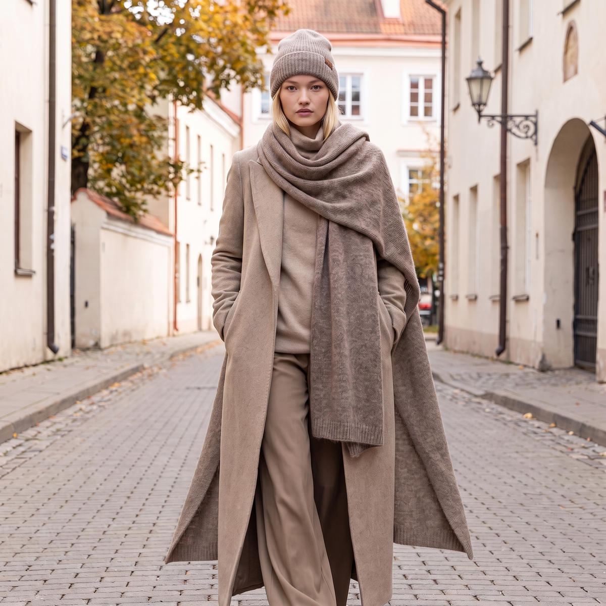 Set sciarpa e berretto in baby alpaca, larga, cacao — By AGdesign