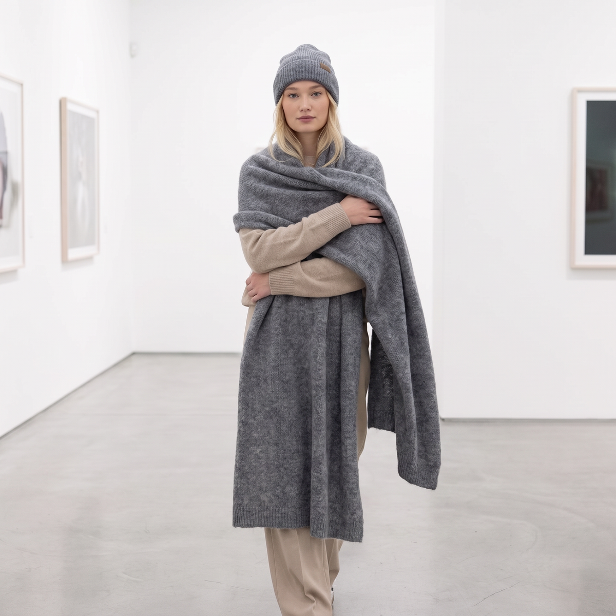 Wide baby alpaca scarf and beanie set, gray — By AGdesign