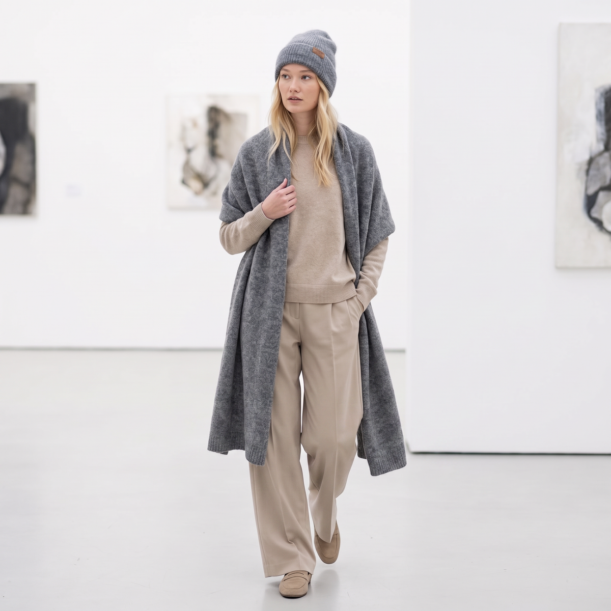 Wide baby alpaca scarf and beanie set, gray — By AGdesign