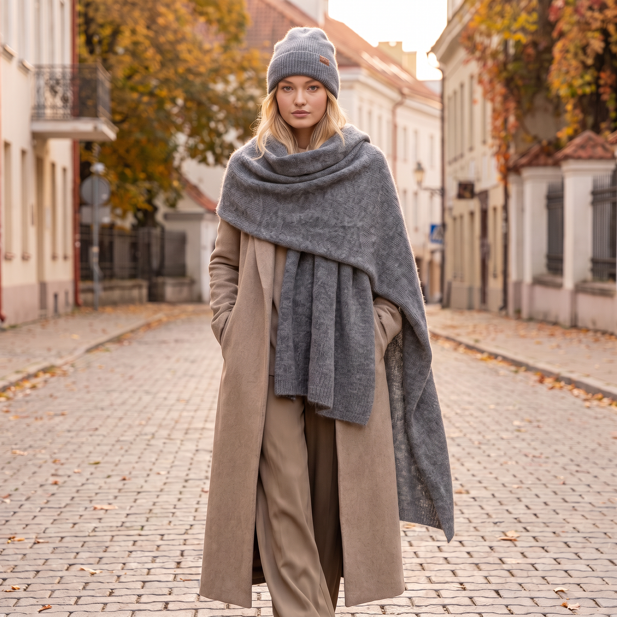 Wide baby alpaca scarf and beanie set, gray — By AGdesign