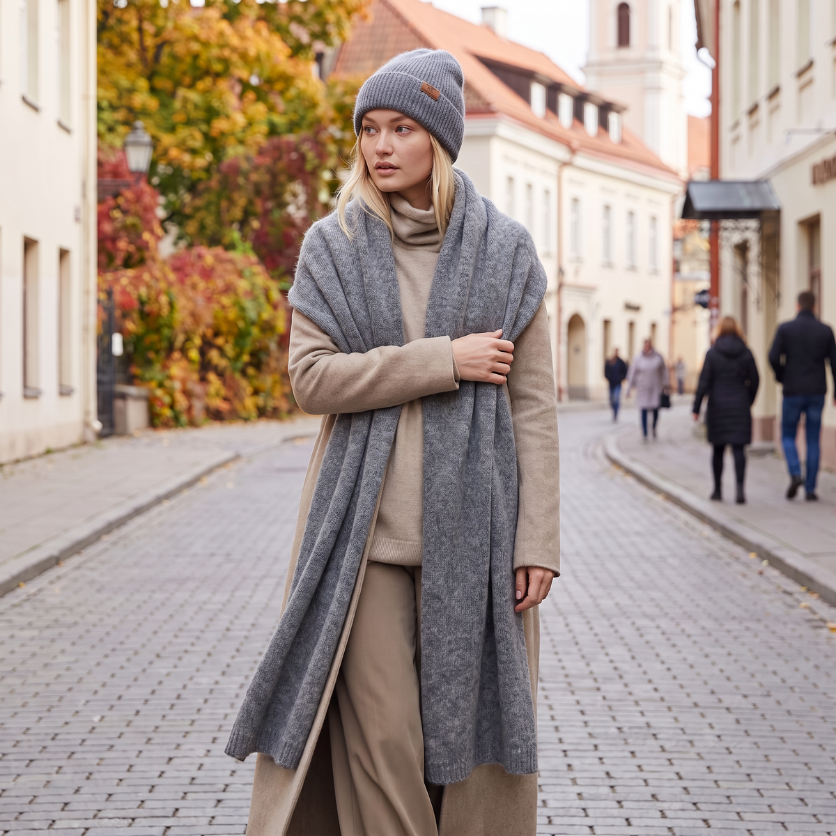 Wide baby alpaca scarf and beanie set, gray — By AGdesign