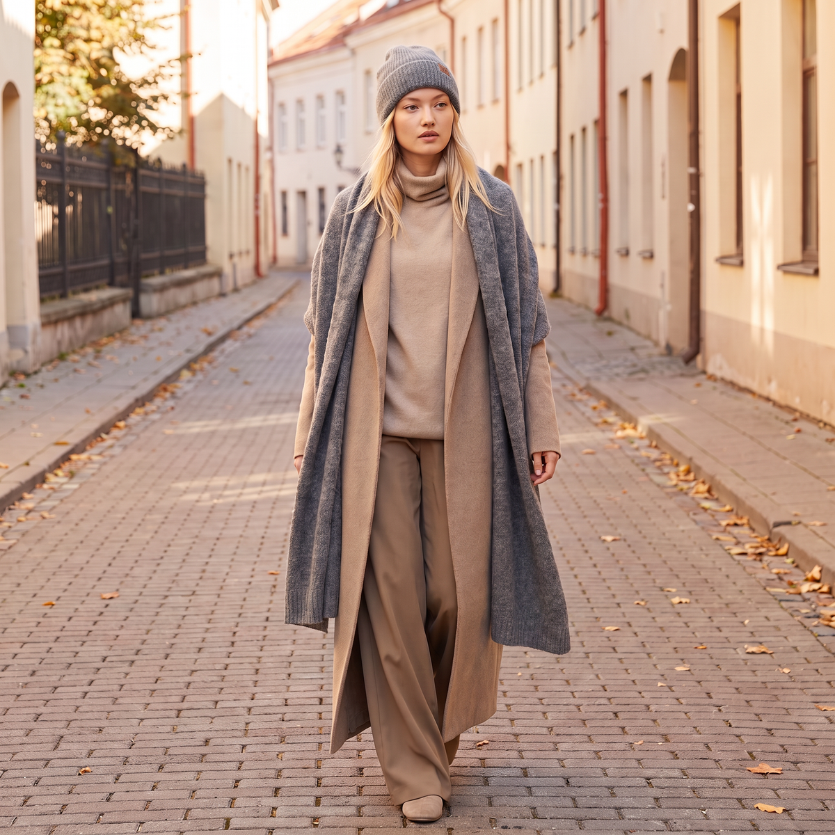 Wide baby alpaca scarf and beanie set, gray — By AGdesign