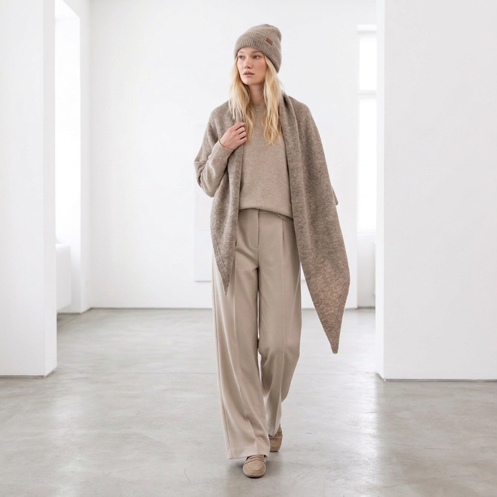 Set sciarpa triangolare e berretto in baby alpaca, ampia, cacao — By AGdesign