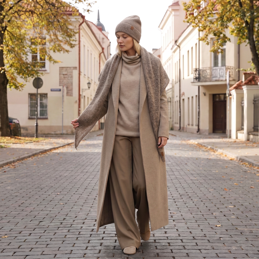 Set sciarpa triangolare e berretto in baby alpaca, ampia, cacao — By AGdesign