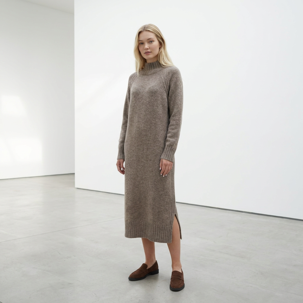 Abito maglione lungo AGNESA in baby alpaca, cacao — By AGdesign