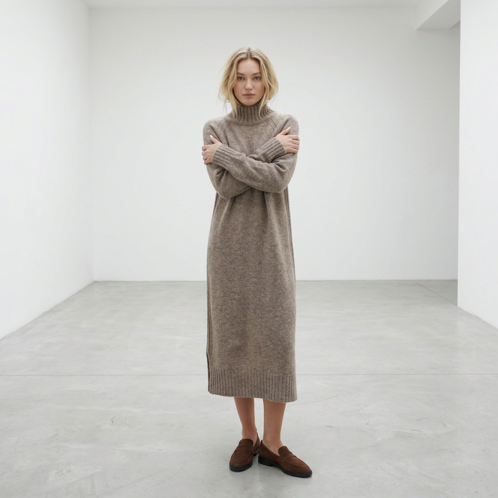 Abito maglione lungo AGNESA in baby alpaca, cacao — By AGdesign