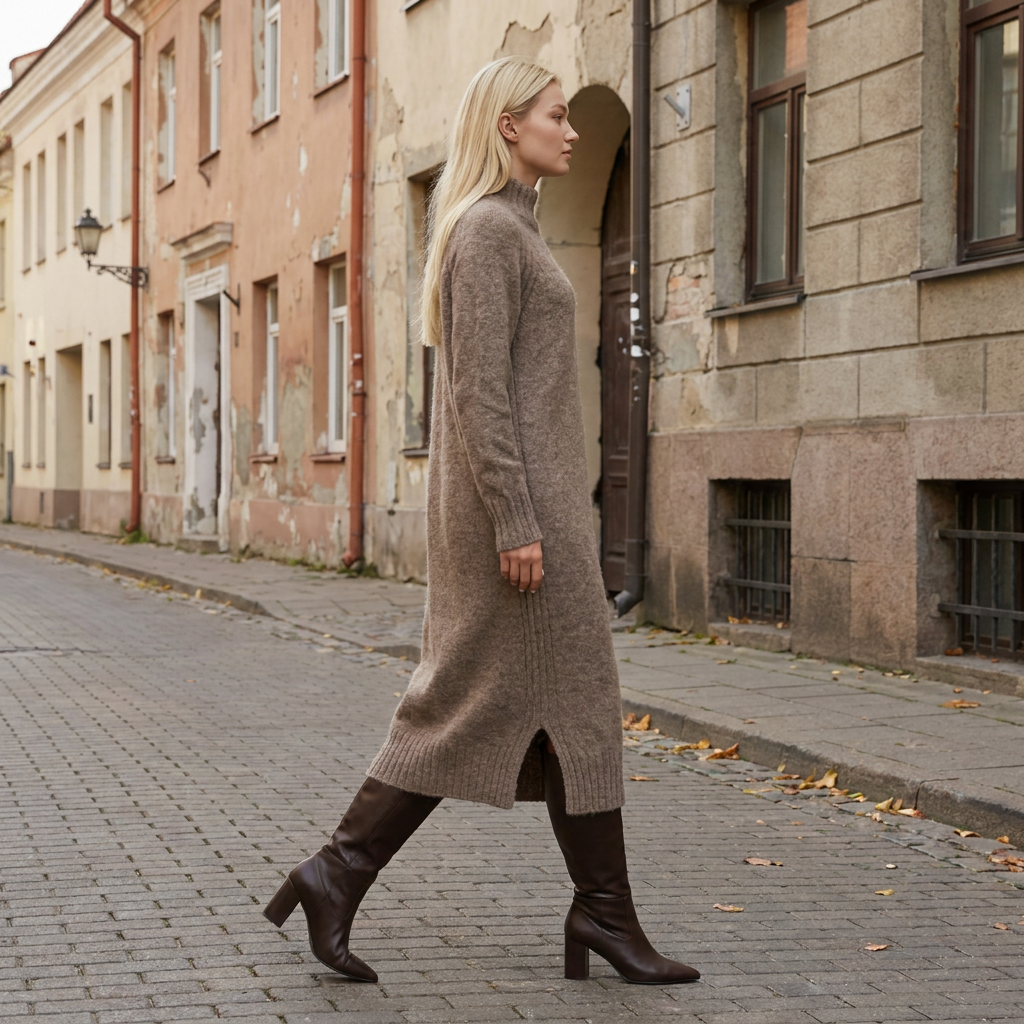 Abito maglione lungo AGNESA in baby alpaca, cacao — By AGdesign