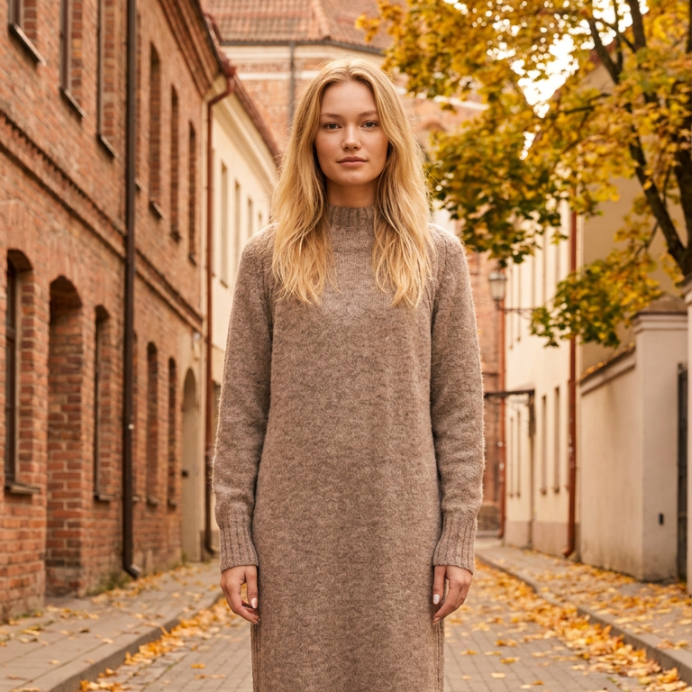 Abito maglione lungo AGNESA in baby alpaca, cacao — By AGdesign