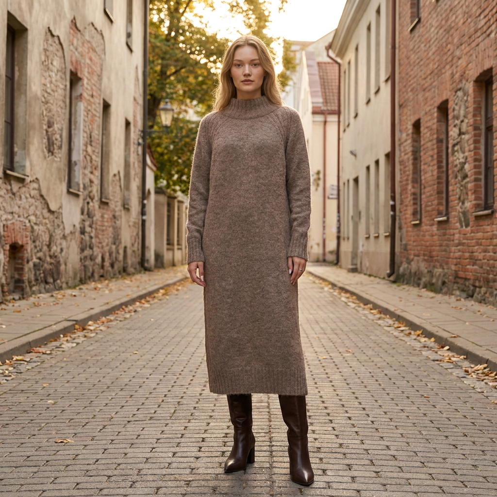 Abito maglione lungo AGNESA in baby alpaca, cacao — By AGdesign