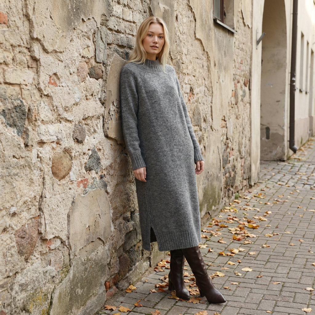 Abito maglione lungo AGNESA in baby alpaca, grigio — By AGdesign