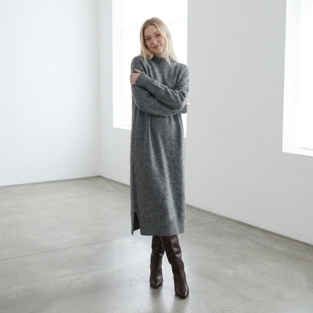 Abito maglione lungo AGNESA in baby alpaca, grigio — By AGdesign