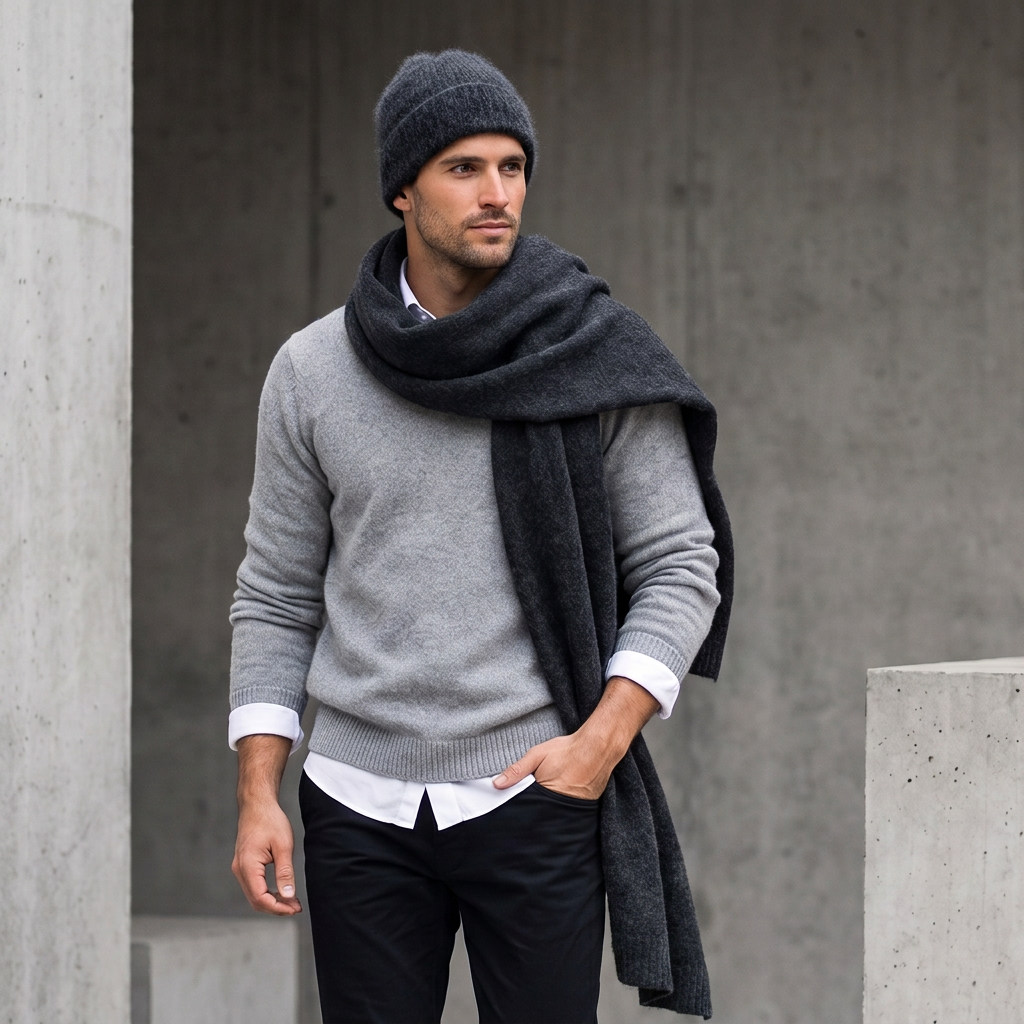 Set uomo sciarpa e berretto in baby alpaca, larga, grigio scuro — By AGdesign