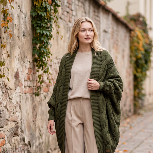 Gilet torsadé en alpaga KNOTTY, grosse maille, oversize, vert mousse — By AGdesign