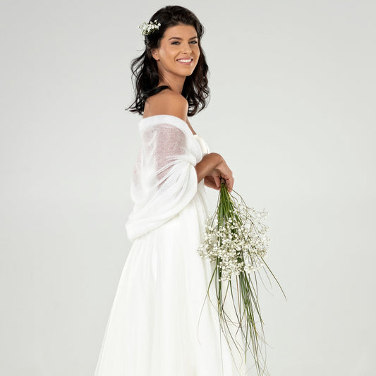 Wedding bridal cape wrap shrug shawl knit from kid mohair - white
