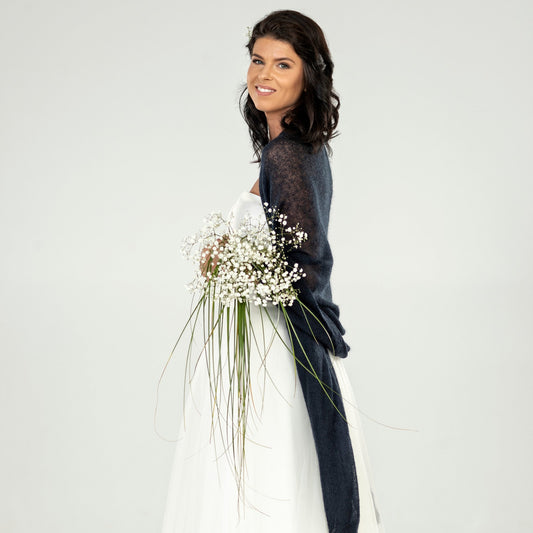Wedding bridal cape wrap shrug shawl knit from kid mohair - dark blue