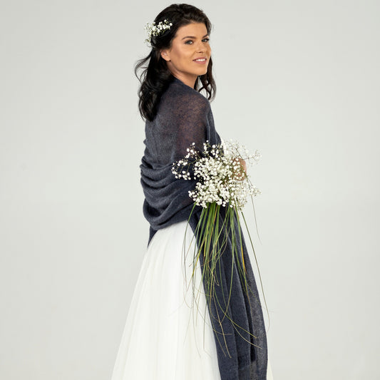 Wedding bridal cape wrap shrug shawl knit from kid mohair - blue with gray shade