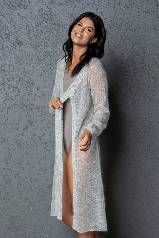 Knit lightweight mohair long cardigan ROMANCE - light gray