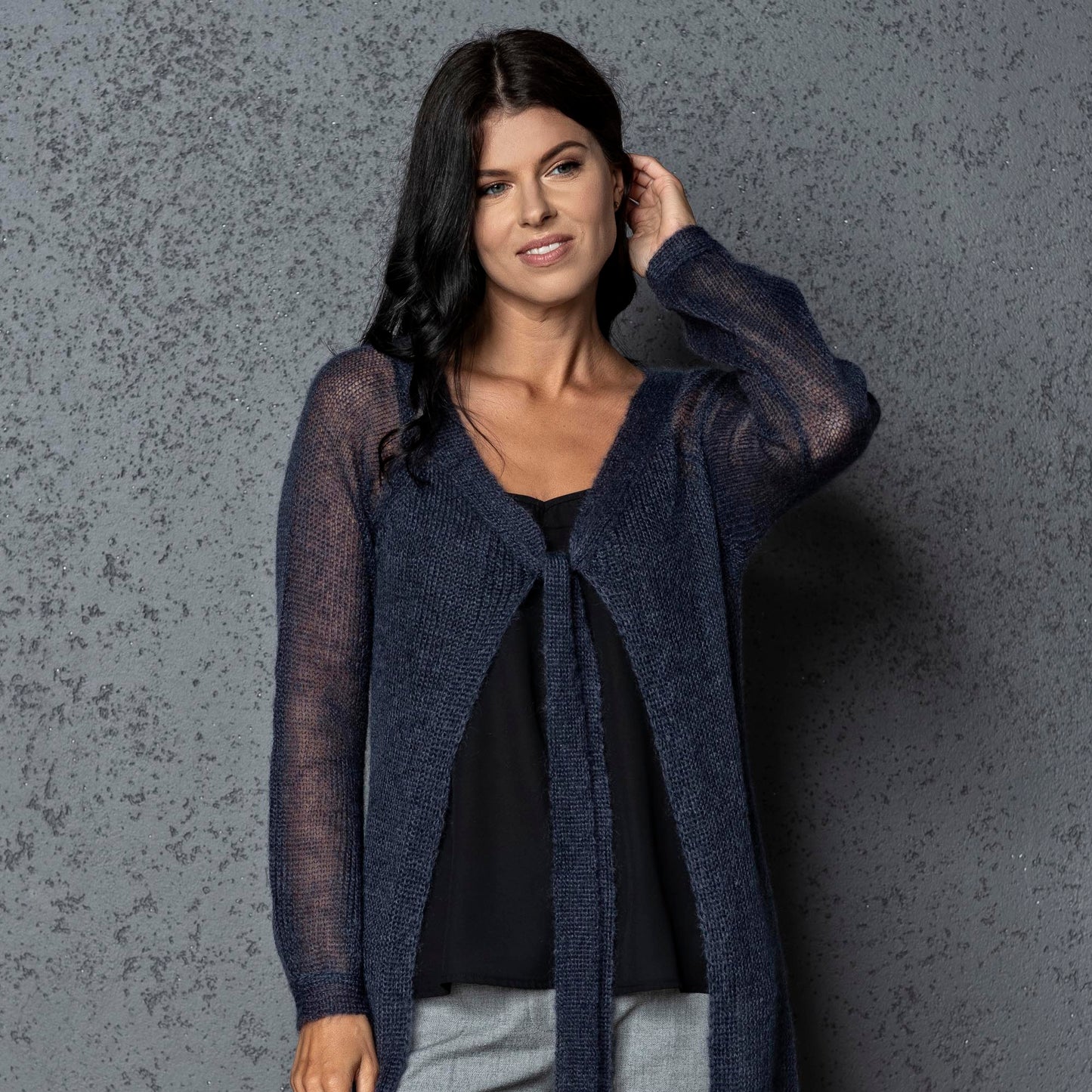 Knit lightweight mohair long cardigan ROMANCE - blue with gray shade