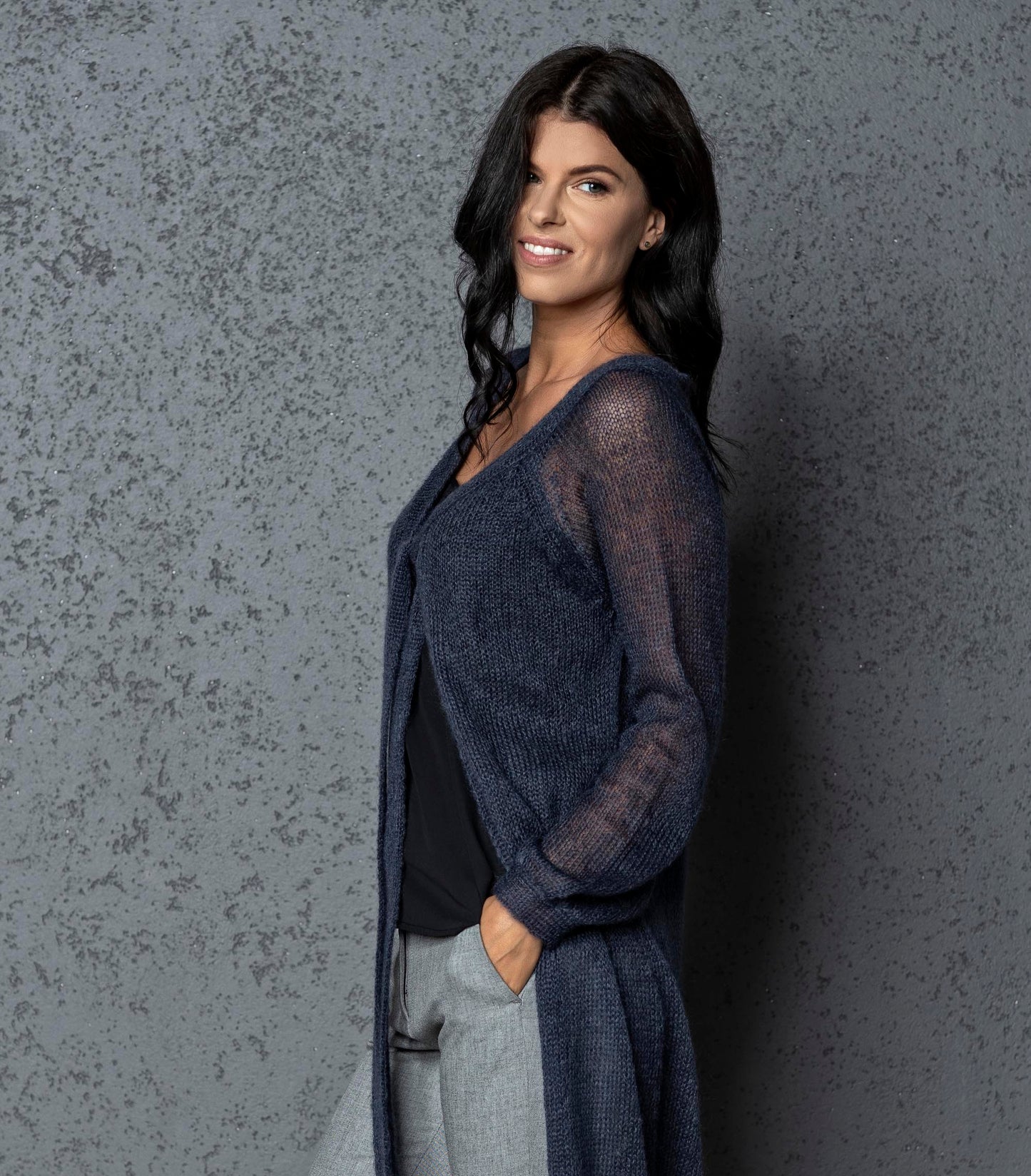 Knit lightweight mohair long cardigan ROMANCE - blue with gray shade