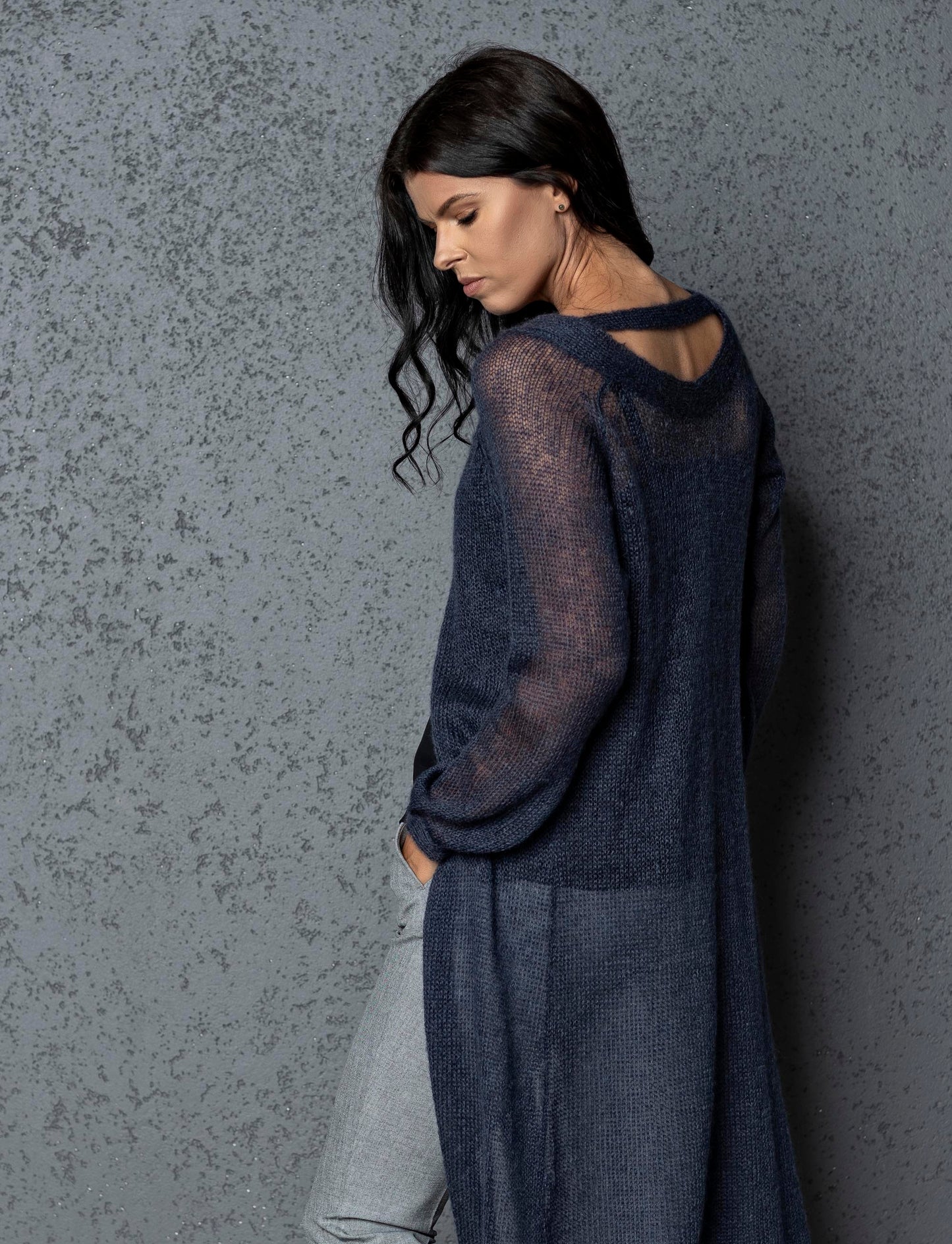 Knit lightweight mohair long cardigan ROMANCE - blue with gray shade