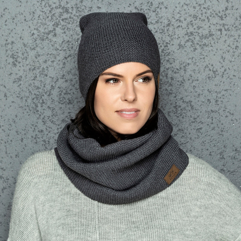 Knit minimalist soft 100% merino wool infinity Scarf and hat - gray