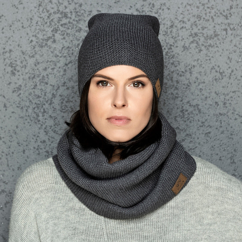 Knit minimalist soft 100% merino wool infinity Scarf and hat - gray