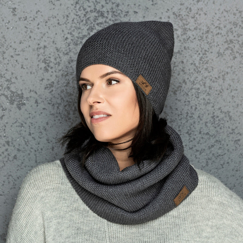 Knit minimalist soft 100% merino wool infinity Scarf and hat - gray
