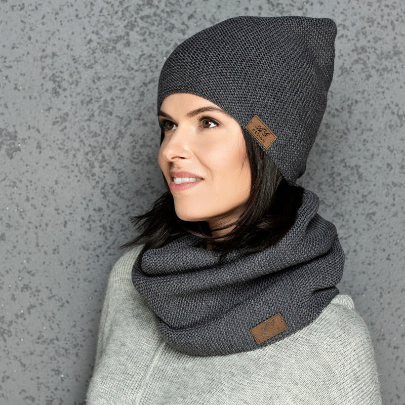 Knit minimalist soft 100% merino wool infinity Scarf and hat - gray