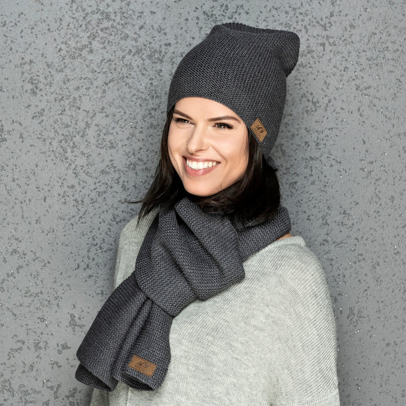 Knit minimalist soft 100% merino wool Scarf and hat - gray