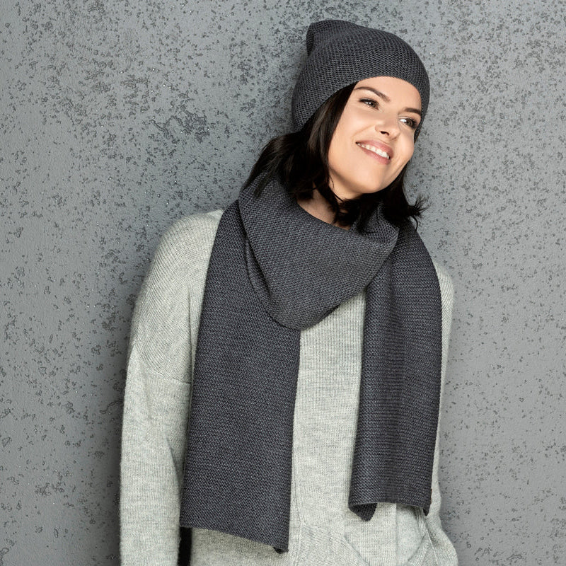 Knit minimalist soft 100% merino wool Scarf and hat - gray