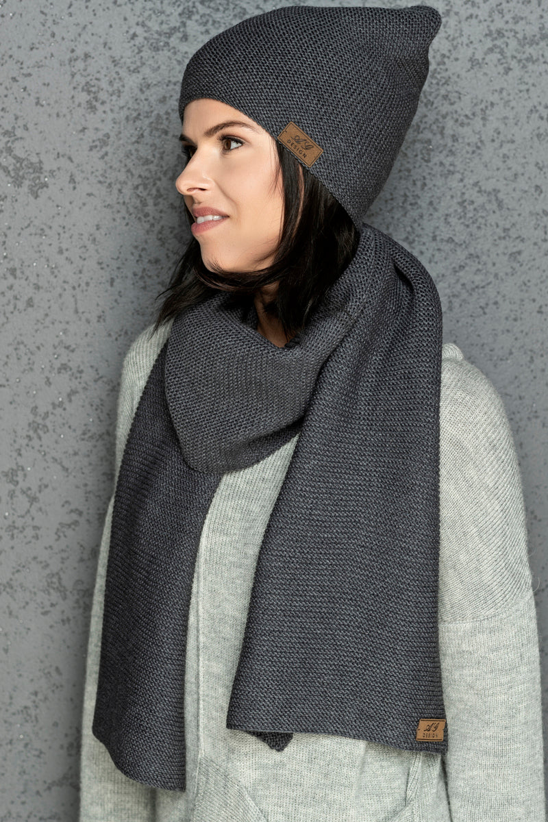 Knit minimalist soft 100% merino wool Scarf and hat - gray