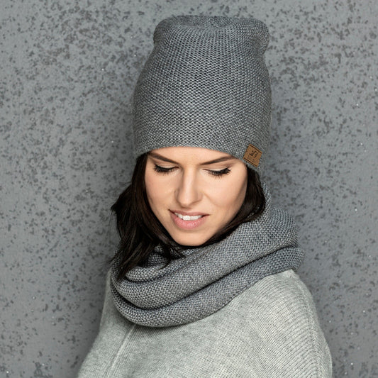 Knit minimalist soft alpaca merino wool infinity Scarf and hat - gray