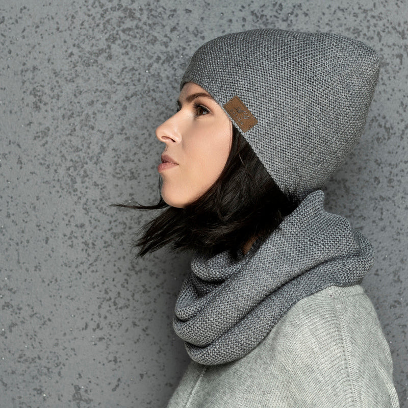 Knit minimalist soft alpaca merino wool infinity Scarf and hat - gray