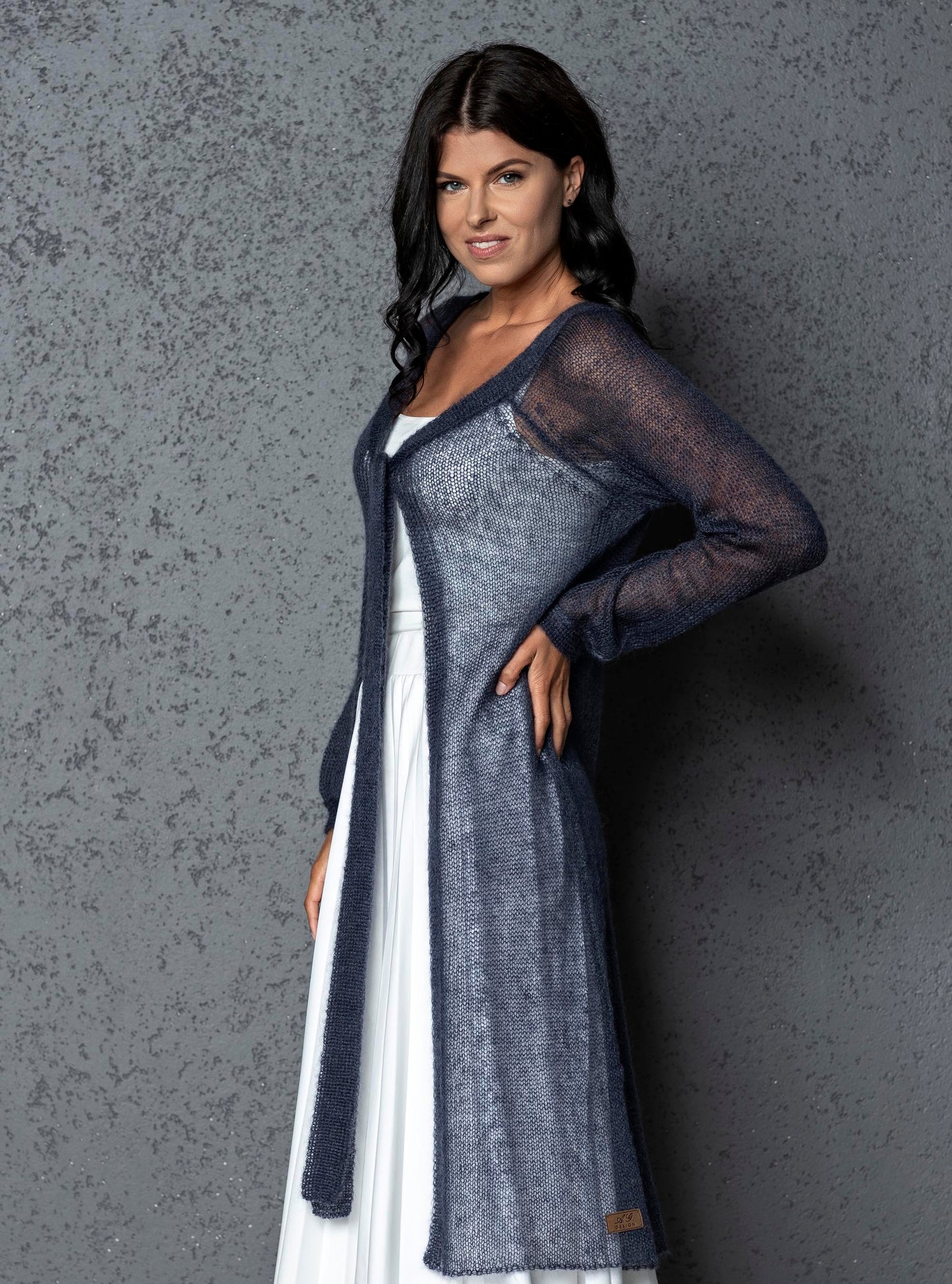 Knit lightweight mohair long cardigan ROMANCE - blue with gray shade