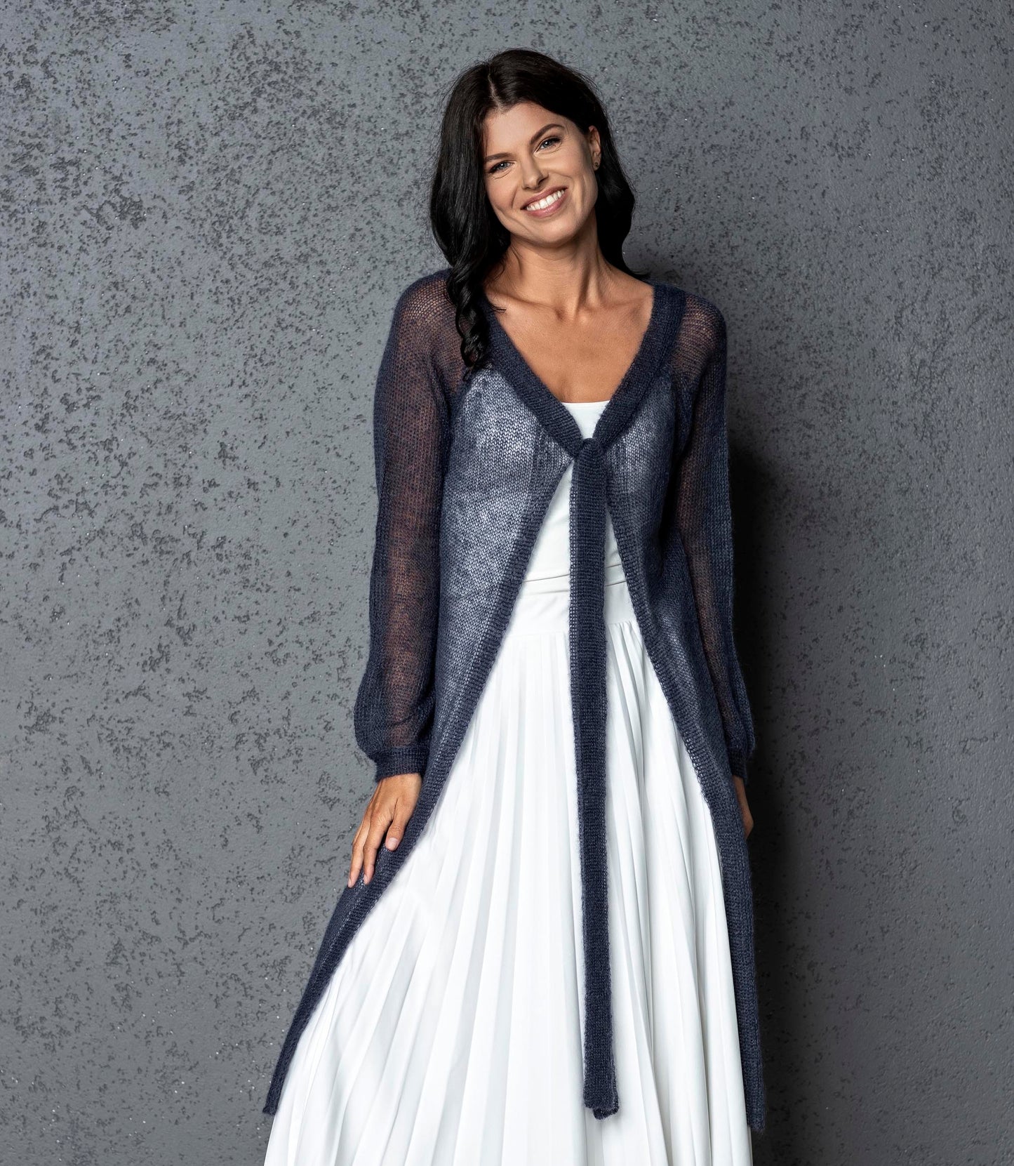 Knit lightweight mohair long cardigan ROMANCE - blue with gray shade