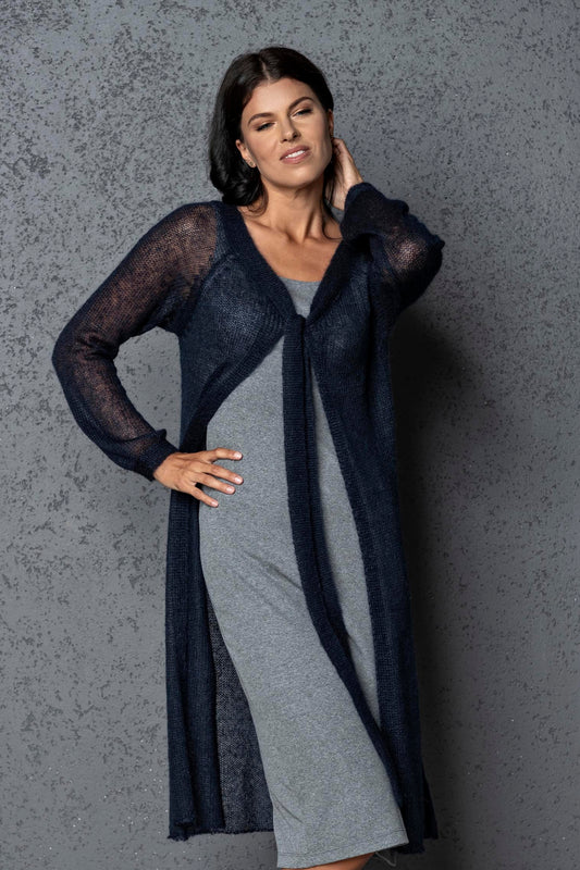 Knit lightweight mohair long cardigan ROMANCE - dark blue