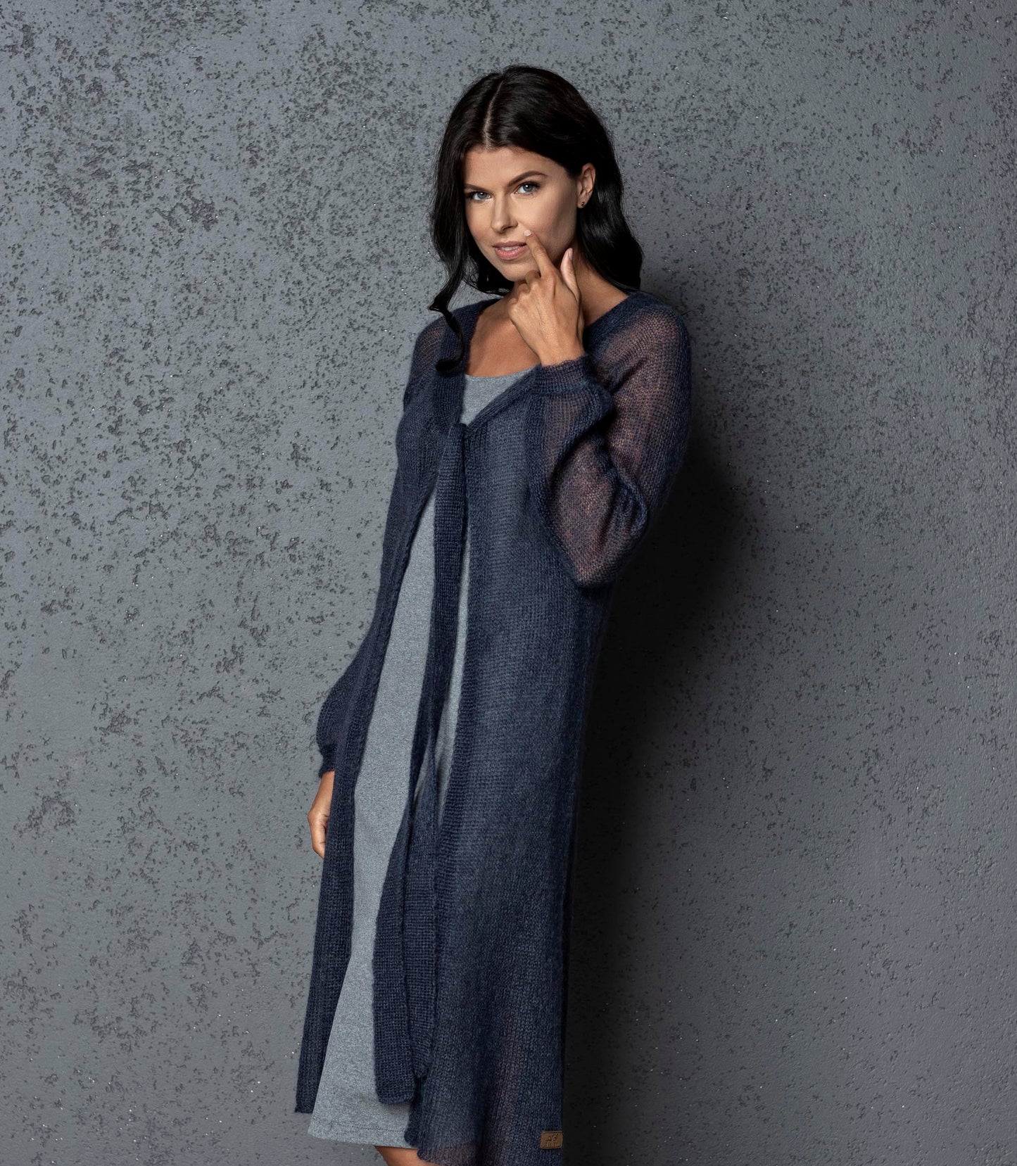 Knit lightweight mohair long cardigan ROMANCE - blue with gray shade